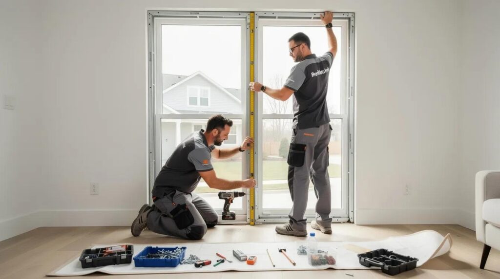 A professional installation team is reinforcing a residential window frame with bullet-resistant protection, ensuring enhanced safety against ballistic threats. The work involves installing laminated glass layers to provide reliable security measures for the home.