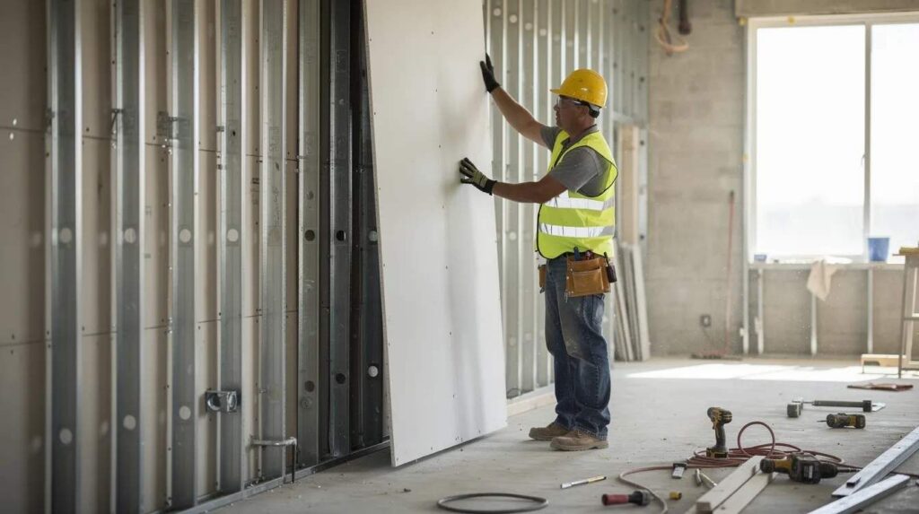 A construction worker, wearing protective clothing, is installing large bullet resistant fiberglass panels against wall framing, ensuring a secure fit with self-tapping drywall screws. The panels are designed for ballistic protection, ideal for high-risk areas such as government buildings and healthcare facilities.