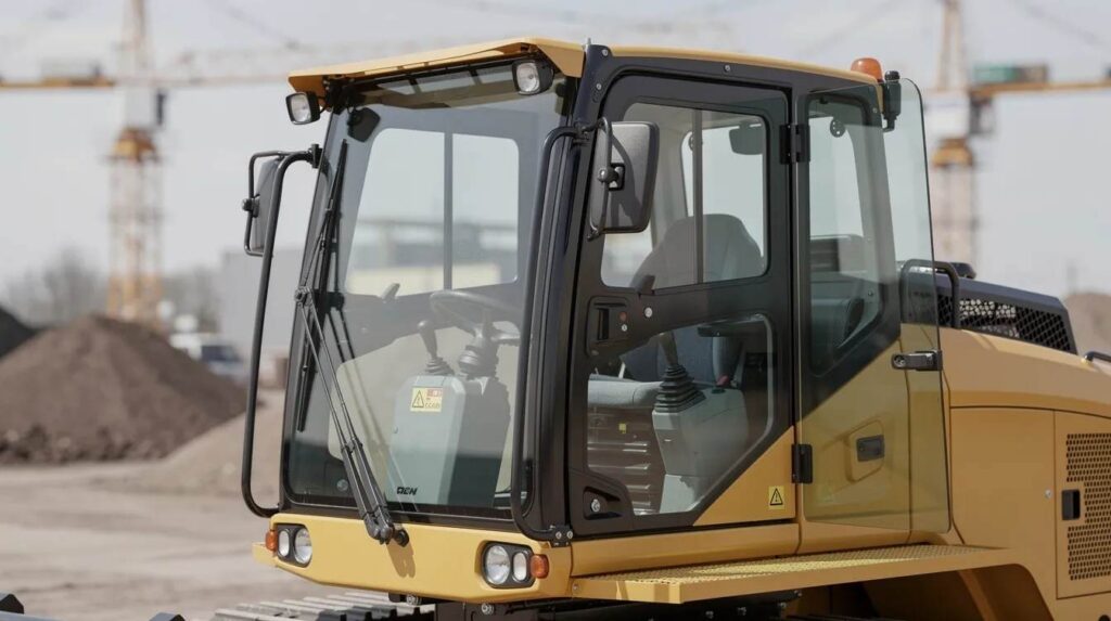 The image depicts a construction machinery cab featuring thick transparent protective glazing panels made of polycarbonate bullet resistant glass, ensuring superior protection and impact resistance. The durable unbreakable glass windows provide enhanced safety for operators against potential hazards.