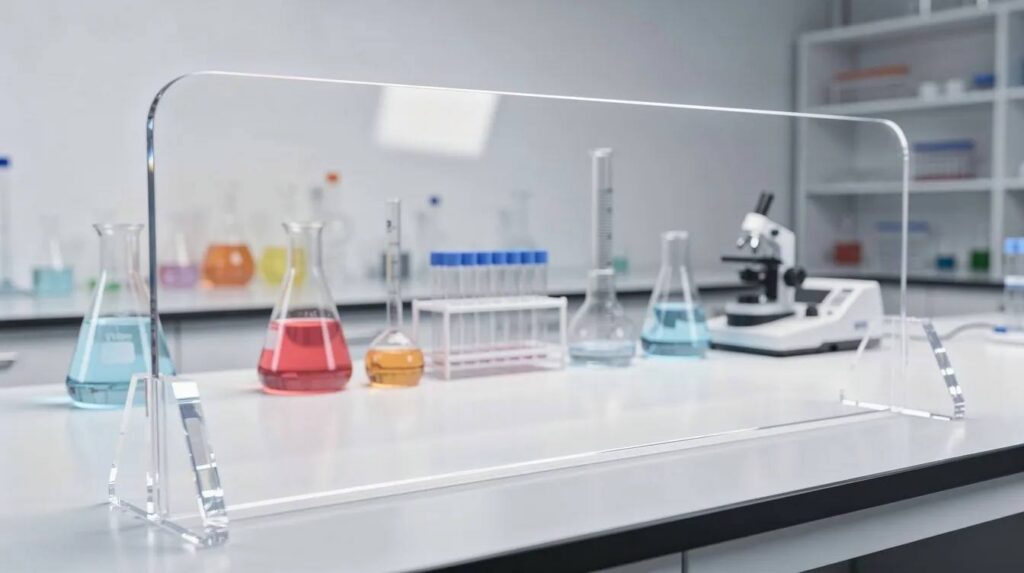 A clear polycarbonate safety shield is installed on a laboratory workbench, providing protection for students and staff as they conduct experiments with various chemistry equipment visible behind it. The high-quality polycarbonate panel is designed to fit securely and offers a thick barrier to minimize risk during lab activities.