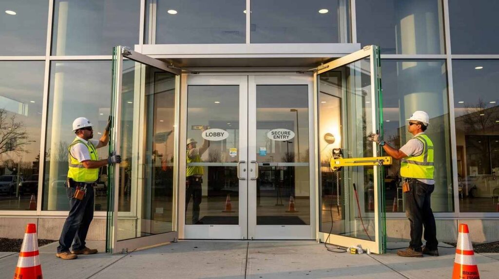 The image depicts the installation of laminated security glass at the entrance of a commercial building, showcasing the use of polycarbonate security glazing to enhance protection against forced entry attempts while maintaining transparency and allowing natural light. The door frames are fitted with thicker glass panels to provide maximum safety and durability for the storefront windows.