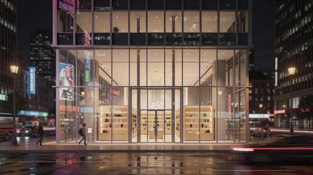 The image depicts a modern retail storefront featuring reinforced security glazing panels made from polycarbonate glass, which reflect the vibrant city lights. These durable and impact-resistant panels provide superior protection against forced entry attempts while maintaining an attractive aesthetic.