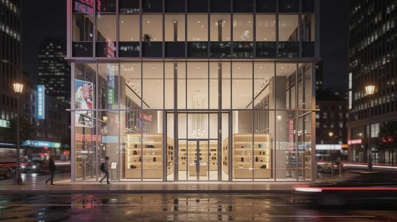 The image depicts a modern retail storefront featuring reinforced security glazing panels made from polycarbonate glass, which reflect the vibrant city lights. These durable and impact-resistant panels provide superior protection against forced entry attempts while maintaining an attractive aesthetic.