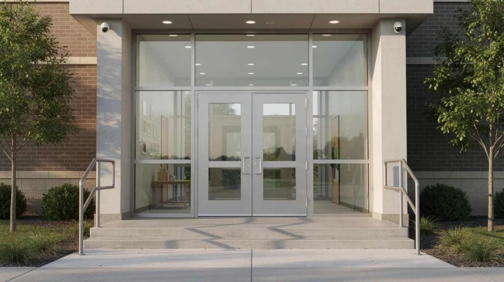 The image showcases a modern school entrance featuring reinforced steel doors and large glass panels, designed to enhance school security. This combination of bullet-resistant doors and glass provides a safe and aesthetically appealing entry point for students and teachers, ensuring reliable protection for the school environment.