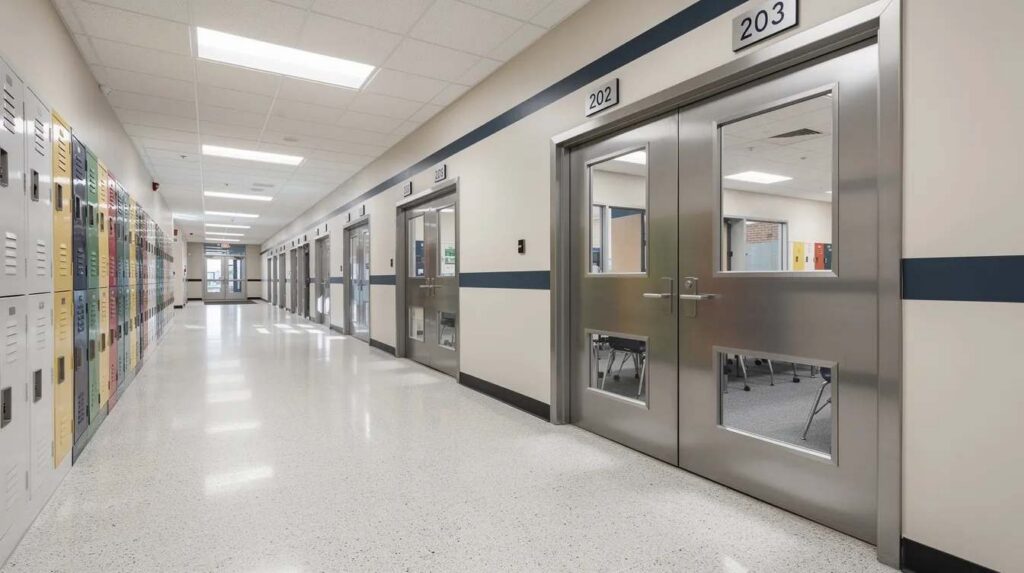 The image depicts a school hallway lined with modern steel classroom doors featuring vision panels, enhancing both security and visibility. These security doors for schools are designed to protect students and improve safety within the school environment.