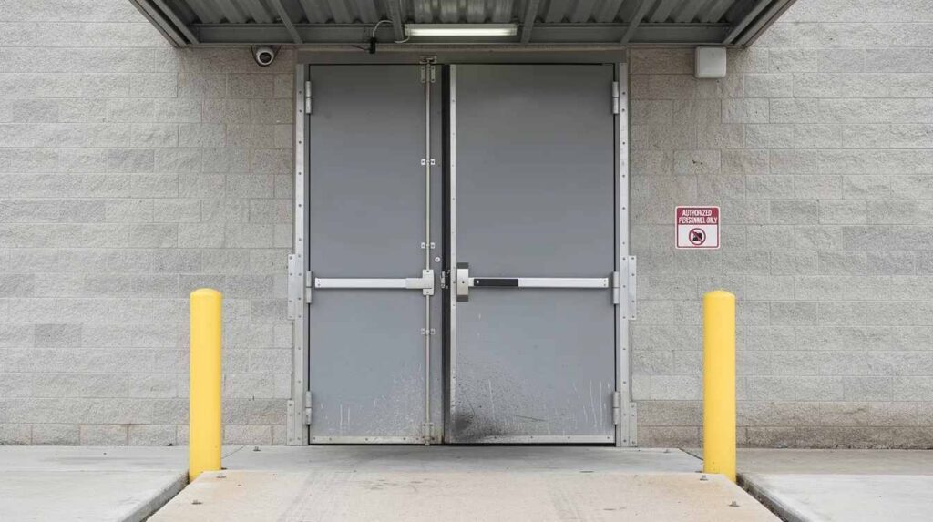 A heavy-duty steel security door is prominently installed at a commercial loading dock entrance, designed to protect against unauthorized entry and ensure the safety of employees and customers. This exterior security door is engineered for durability and constant use, making it an essential feature for commercial properties and access control systems.