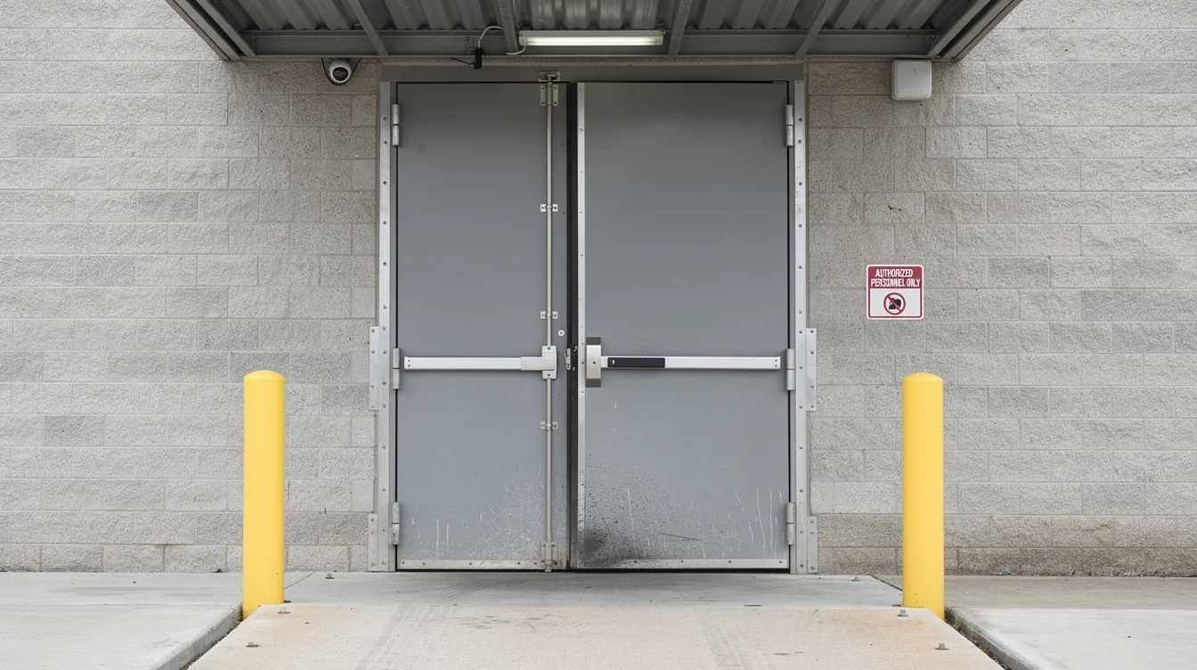 A heavy-duty steel security door is prominently installed at a commercial loading dock entrance, designed to protect against unauthorized entry and ensure the safety of employees and customers. This exterior security door is engineered for durability and constant use, making it an essential feature for commercial properties and access control systems.