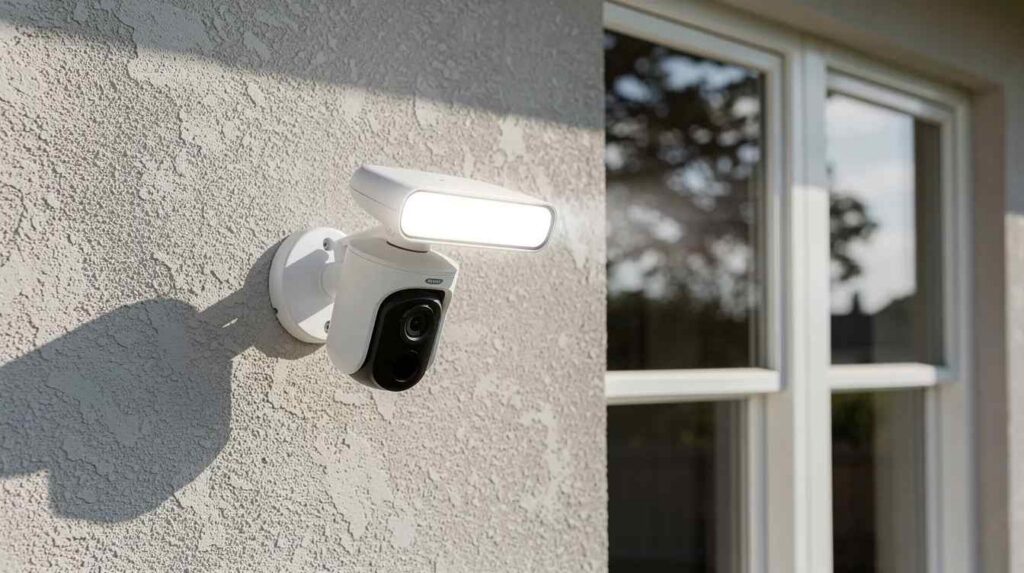 An outdoor security camera with an LED light is mounted near a residential window, providing superior protection against break-ins and deterring intruders. This installation enhances safety by monitoring vulnerable entry points, ensuring the property is secure.