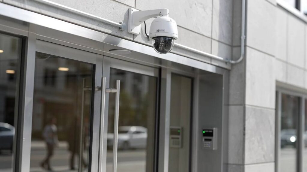 A security camera is mounted above a commercial entrance, monitoring access to the building and ensuring safety for employees and visitors. This system is part of an overall strategy for commercial security, helping to manage access and protect against unauthorized entry.