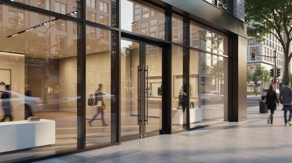 A modern commercial storefront features large glass windows and entrance doors that reflect the hustle and bustle of a busy urban street, showcasing laminated glass designed for safety and security. The sleek glass façade is engineered to protect people and property while providing an inviting view of the exterior.