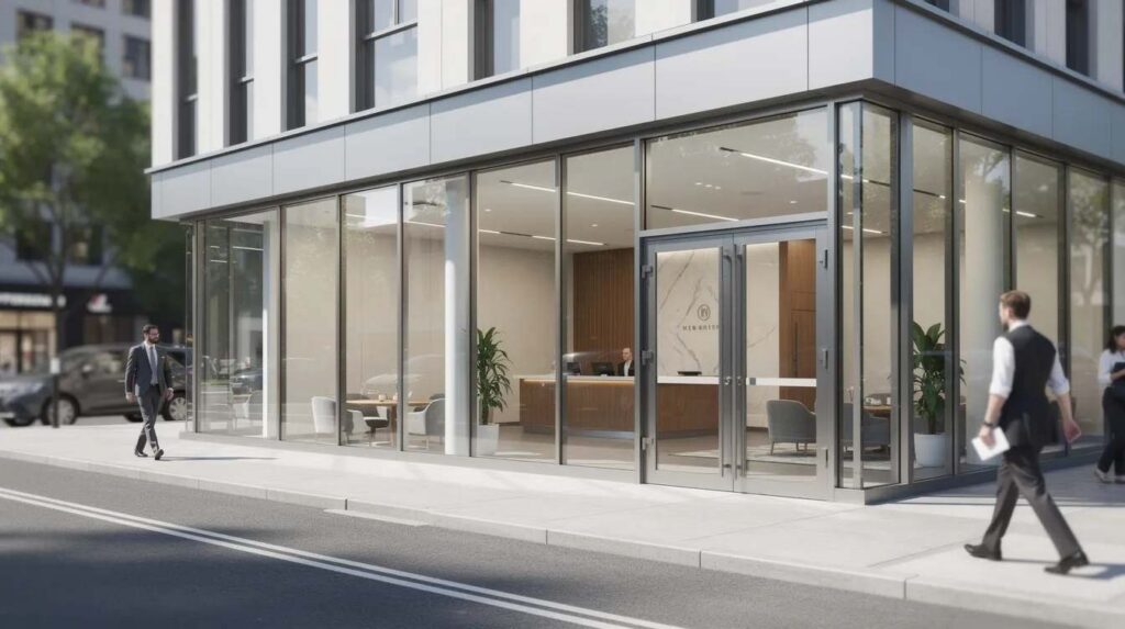 The image depicts a commercial building featuring security glazing installed on the ground floor, showcasing storefront windows made of laminated security glass designed to withstand forced entry attempts and provide maximum protection. The use of polycarbonate security panels enhances durability while maintaining transparency and allowing natural light to enter the space.