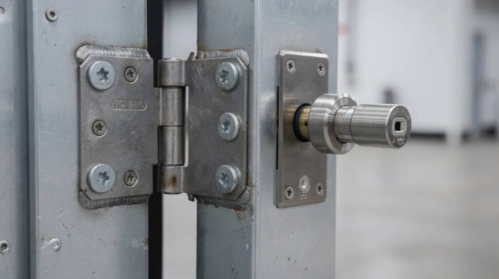 The image features a close-up view of reinforced door hinges and a commercial-grade lock mechanism, highlighting the robust security solutions designed for classroom doors and school buildings. These components are essential for improving school security and protecting students, ensuring reliable access control and safety in educational institutions.