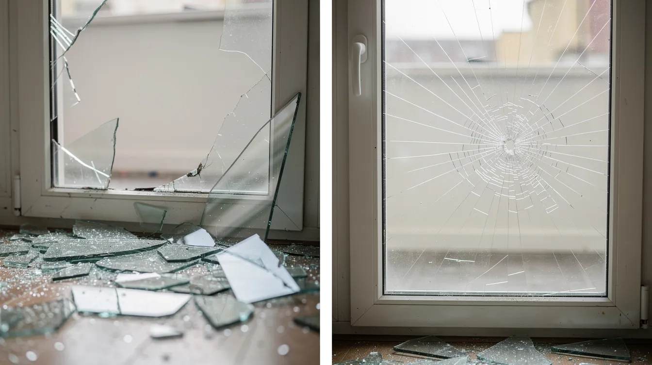 The image presents a side-by-side comparison of two broken windows: on one side, shattered glass pieces are scattered across the floor, while the other window, although cracked, remains intact thanks to a transparent shatterproof window film that holds the shattered glass together, demonstrating the effectiveness of safety and security window film in protecting against break-ins and minimizing injury.
