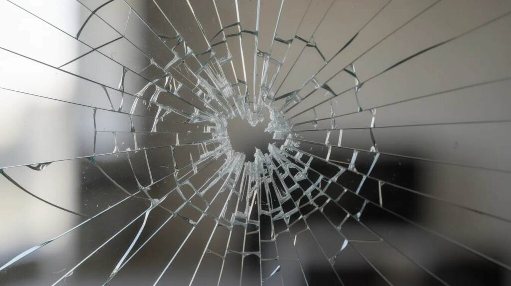 The image shows a close-up of cracked glass held together by a tinted security window film after a hammer impact, illustrating the film's ability to hold shattered glass and enhance safety against break-ins. The security film provides an added layer of protection, reducing the hazards associated with broken glass while allowing natural light to filter through.