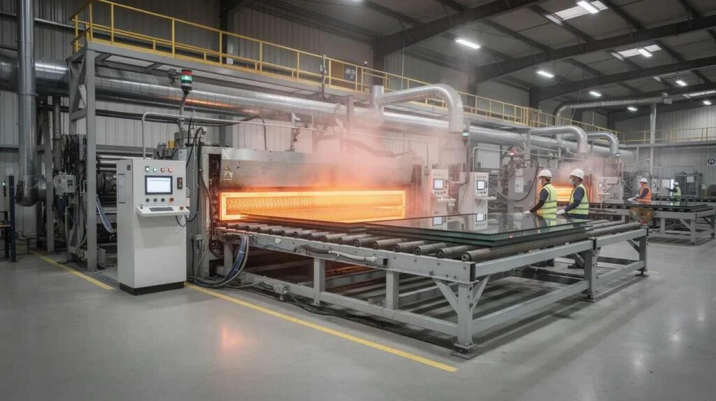 The image depicts a glass manufacturing facility featuring advanced tempering furnace equipment, essential for producing tempered glass, known for its strength and safety properties. The scene highlights the industrial setting where glass is subjected to extreme temperatures and rapid cooling, ensuring it meets safety standards for applications like windows and shower doors.