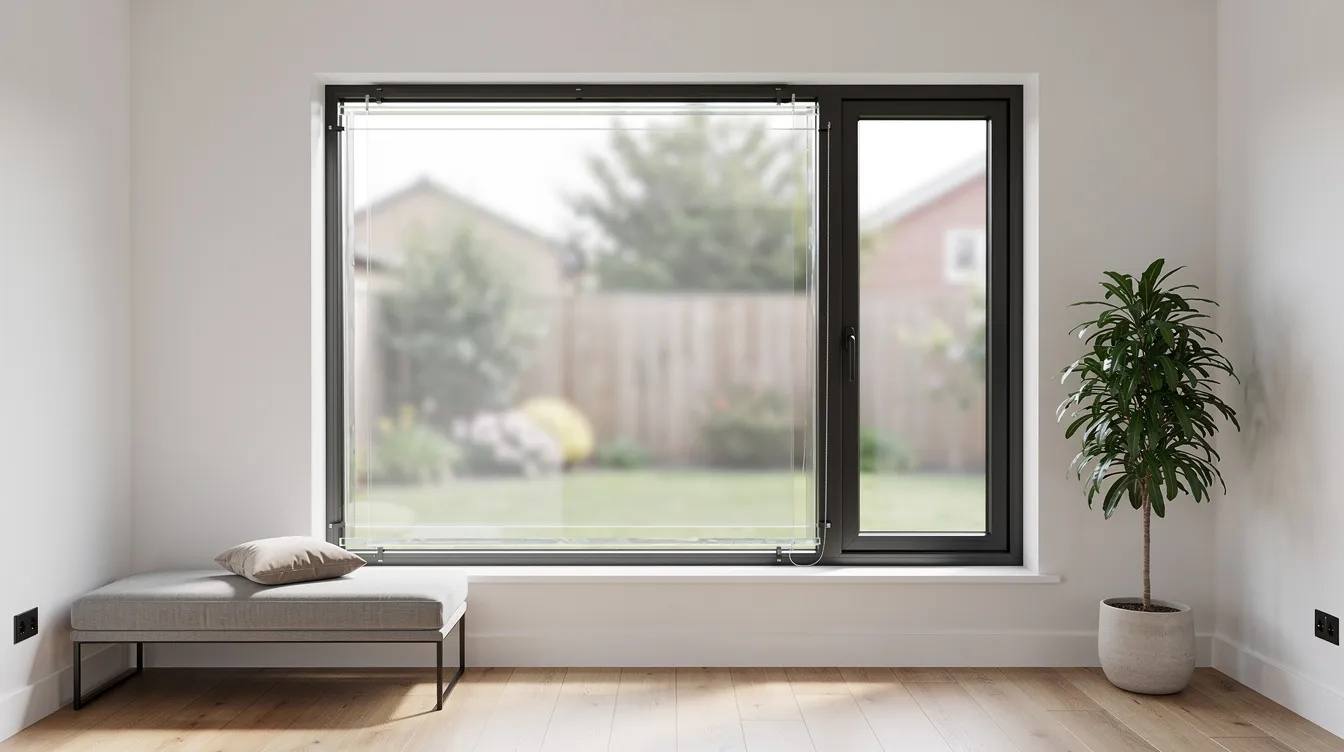 The image features a modern residential window installed with safety glass, showcasing its sleek design and tempered glass properties that enhance security and improve safety in the contemporary home interior. The window is framed neatly, allowing natural light to illuminate the space while providing a protective barrier against potential breakage.