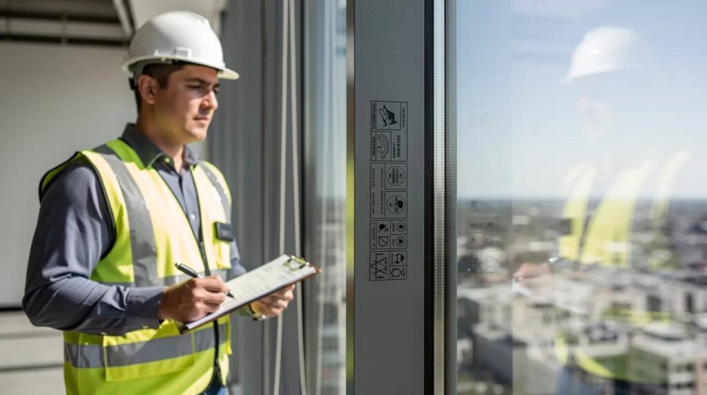 A building inspector is closely examining the safety glass certification marking on a tempered glass window, ensuring it meets safety standards for protection against shattering and forced entry. The inspection highlights the importance of using tempered glass as a safer alternative to regular glass in windows.
