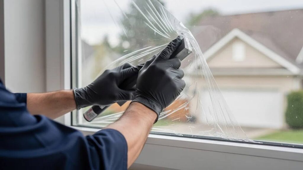 A professional installer is seen applying clear security film to the interior of a residential window, enhancing the window's protection against forced entry and ballistic attacks. This security window film is designed to hold the glass together, providing an additional layer of safety for existing windows in populated areas.