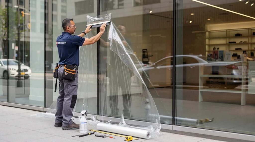 A professional installer is applying security film to a large commercial storefront window, enhancing the glass's ability to hold shattered glass and protect against break-ins. This installation process provides added security and safety, helping to reduce the risk of broken glass hazards while allowing natural light to enter the space.