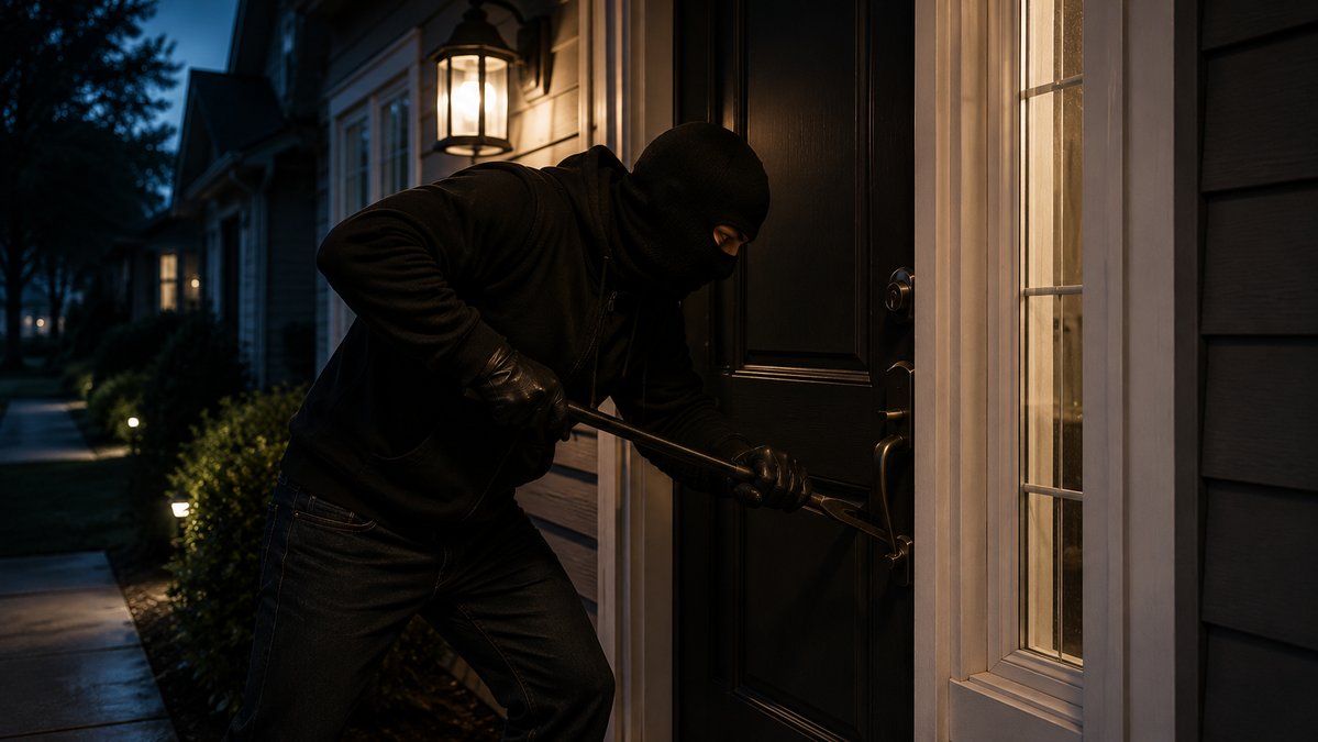 A burglar attempting to get into to a home through the front door by forced entry. 