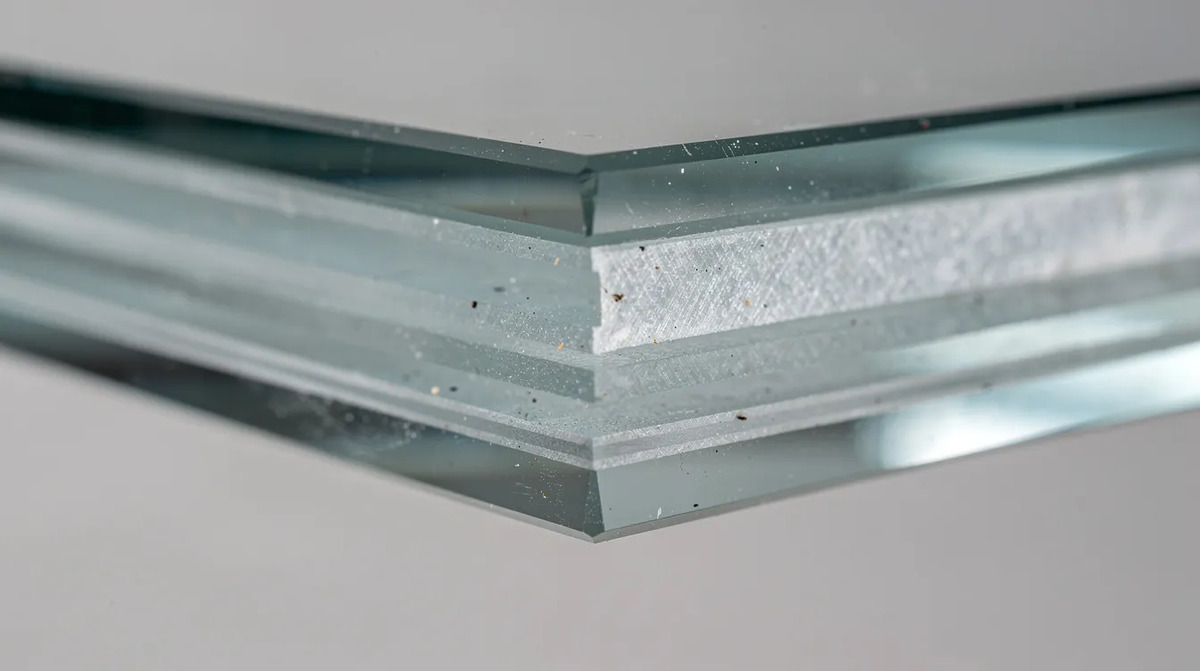 A close-up view of a laminated ballistic glass panel, showing its multiple layers of glass and polycarbonate bonded together for enhanced protection. This advanced material is designed for forced entry resistance, making it suitable for security doors and critical infrastructure applications.