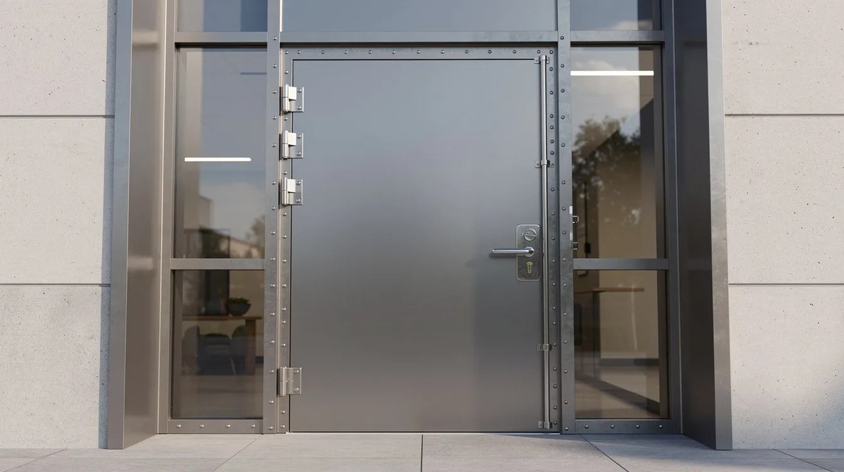 A heavy reinforced steel door at a commercial building entrance, with a secure frame and advanced multi-point locking hardware. Forced entry resistant doors like this usually have welded core material and a robust hinge reinforcement gauge, ensuring high-level protection and durability against potential threats.