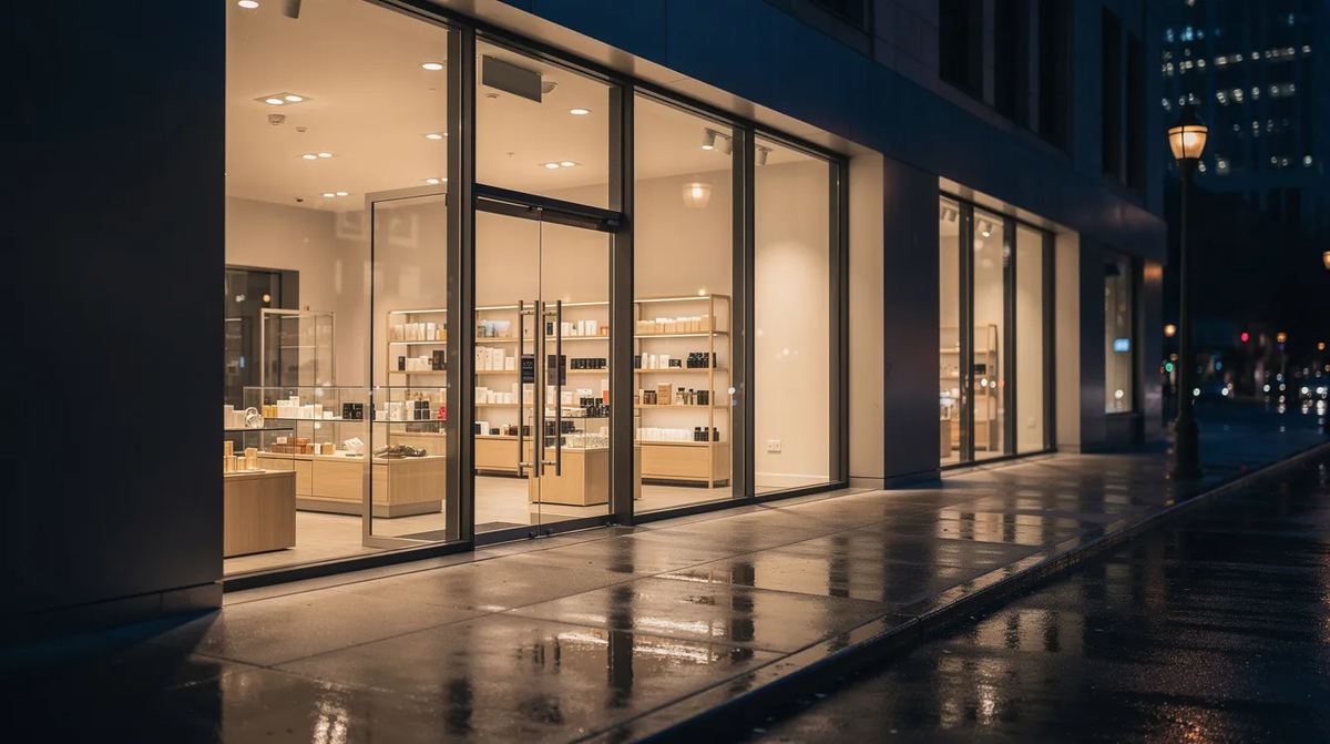 A commercial storefront at night, with large, clear glass windows enhancing its visual appeal. The glass doors provide a view of the merchandise inside while also highlighting the importance of riot glass protection to deter forced entry and protect the property.