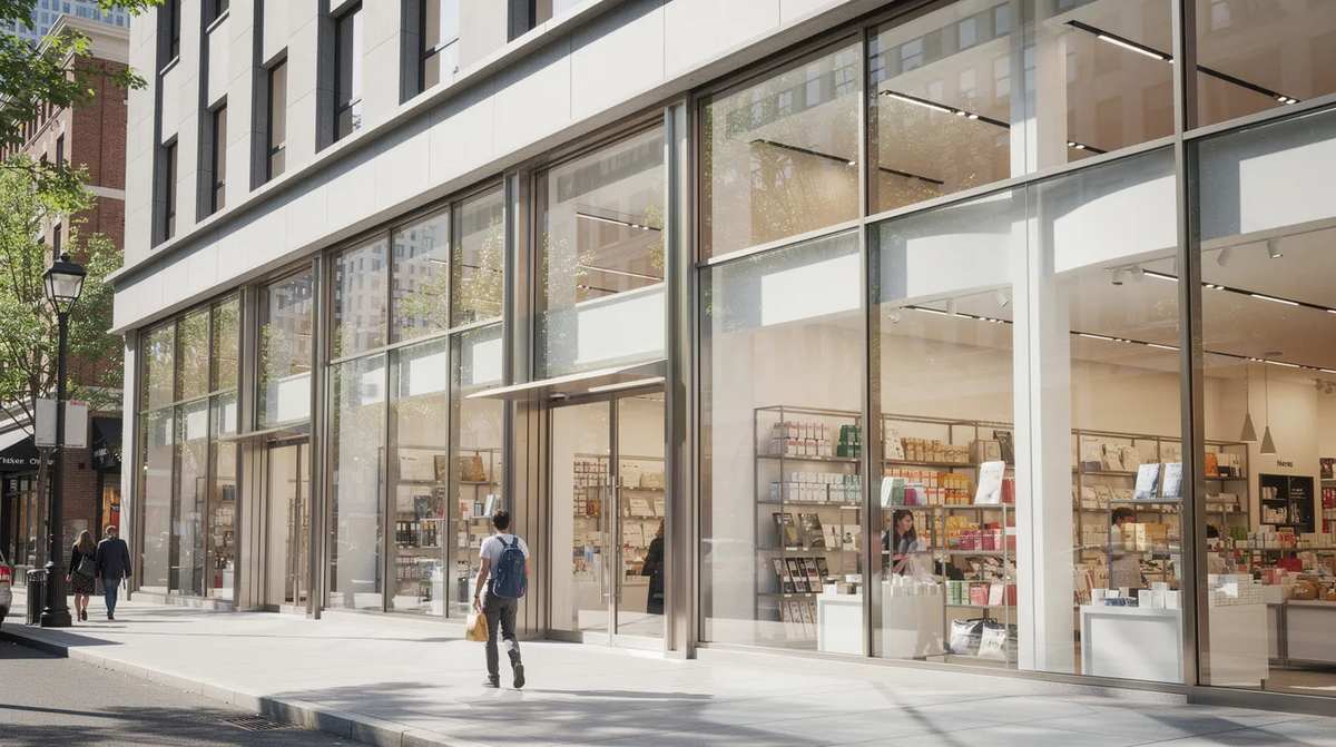 Clear commercial storefront windows and glass doors on a bustling city street. These riot resistant windows are designed to enhance visual appeal while deterring potential threats and protecting against break-ins and looting attempts.