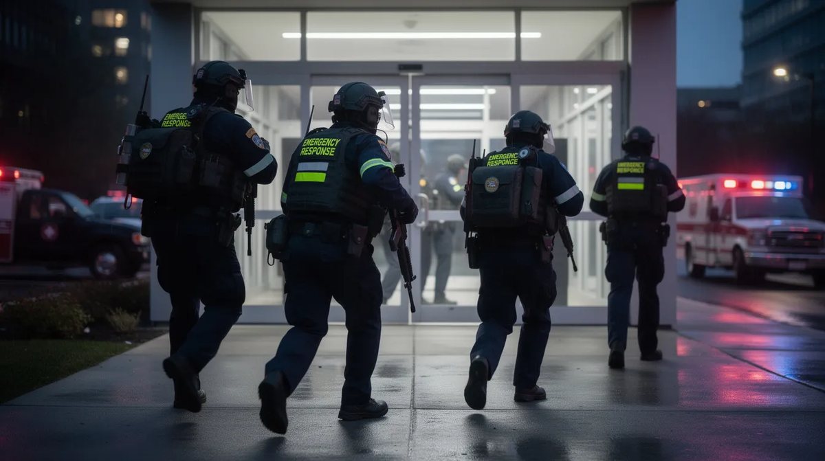 Emergency responders in tactical gear approaching the entrance of a building, ready to engage in an active shooter response.