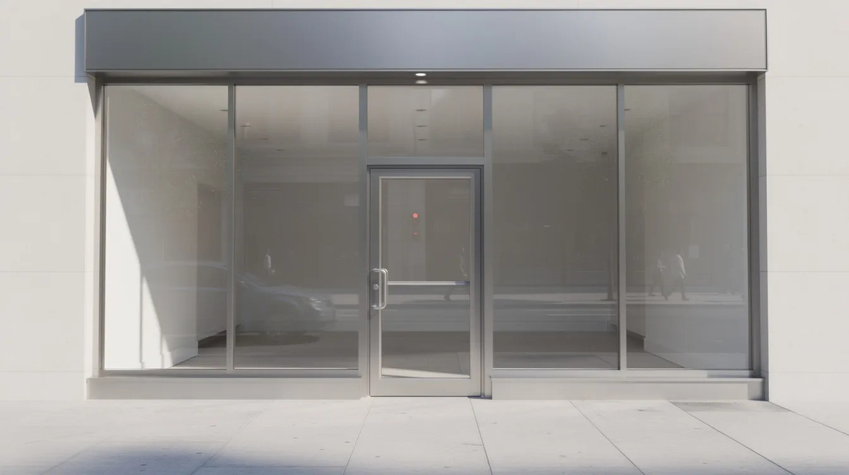 An empty storefront with clear protective glass windows and metal door frames, ensuring maximum security against potential threats.