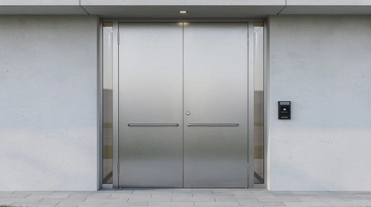 The exterior entrance of a commercial building with sturdy steel doors, and a card reader mounted on the wall. This setup shows modern commercial door security retrofit solutions designed to meet local building codes and improve overall safety for the facility.