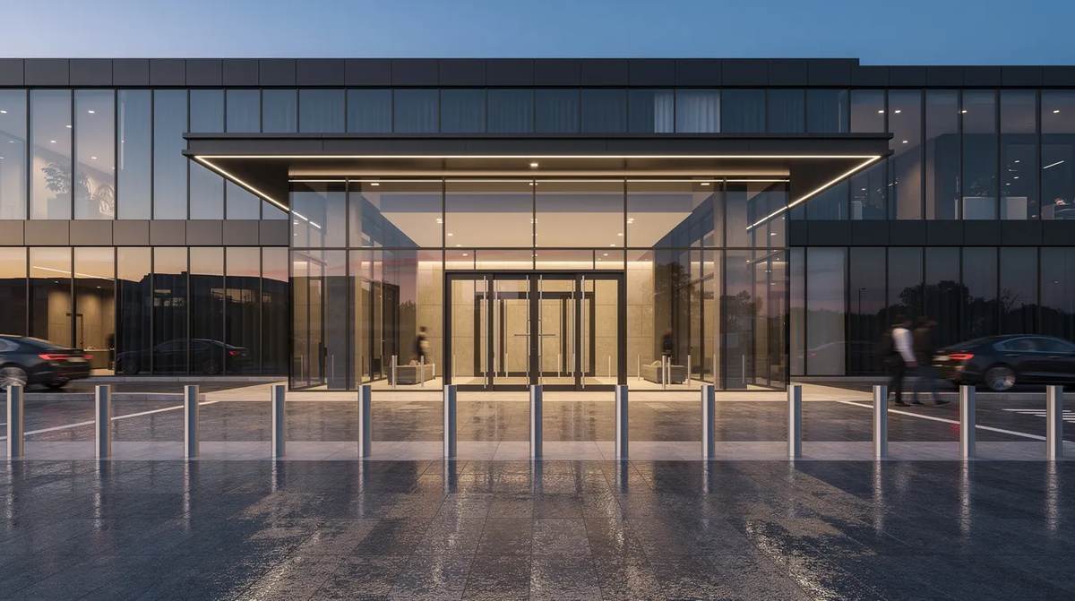 The entrance of a modern commercial building at dusk, with large glass doors and security bollards that enhance safety measures. This design aims to create a secure environment by utilizing active shooter building protection.