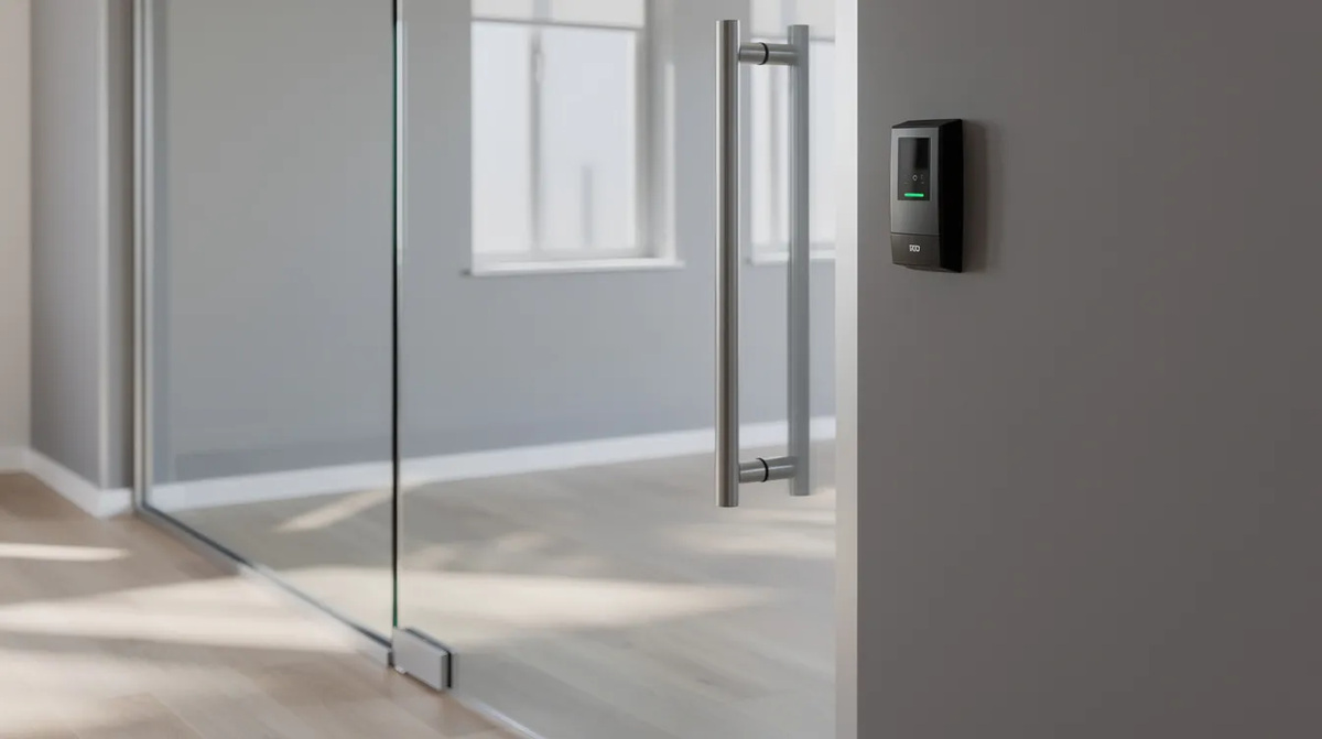 A modern glass office door equipped with a low-profile access reader, designed to enhance security while allowing natural light to illuminate the space.