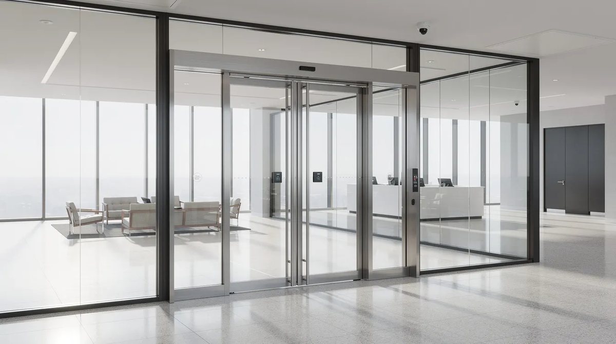 A modern security entrance with reinforced metal framing and large glass doors that allow ample natural light into the spacious lobby. This design utilizes security door glazing materials to provide maximum protection in high-risk environments.