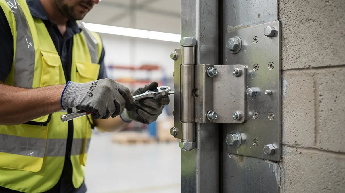 An installer adjusting heavy-duty hinges on a reinforced commercial door, which is designed to provide ballistic protection against high-powered rifles and forced entry. 