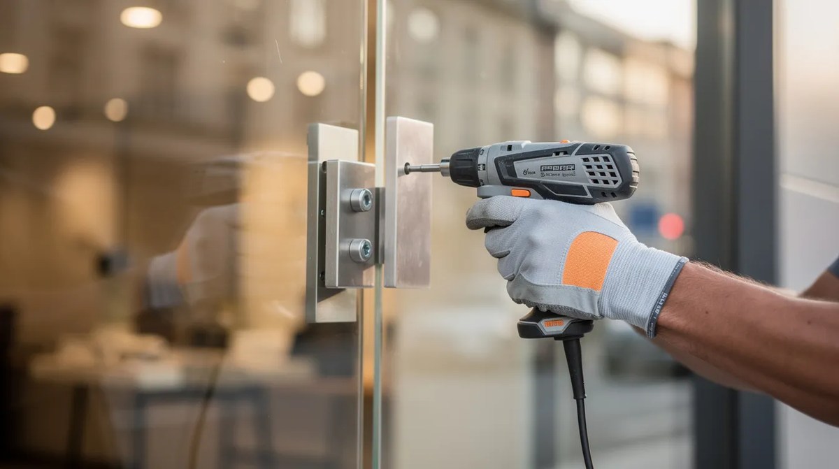 An installer's gloved hands securing a clear protective panel over a storefront window. This riot protective glass, virtually invisible, is engineered to deter break-in attempts and protect the property from potential looting and rioters.