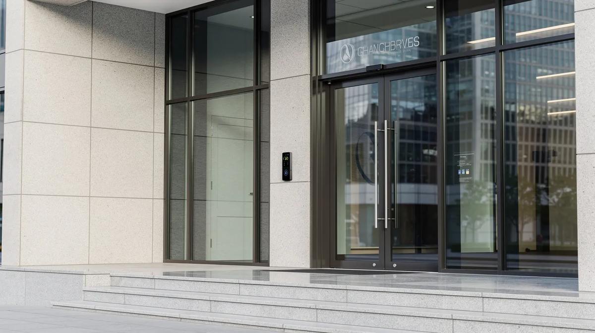 A modern glass office building entrance with a card reader mounted beside the door for access control door protection.