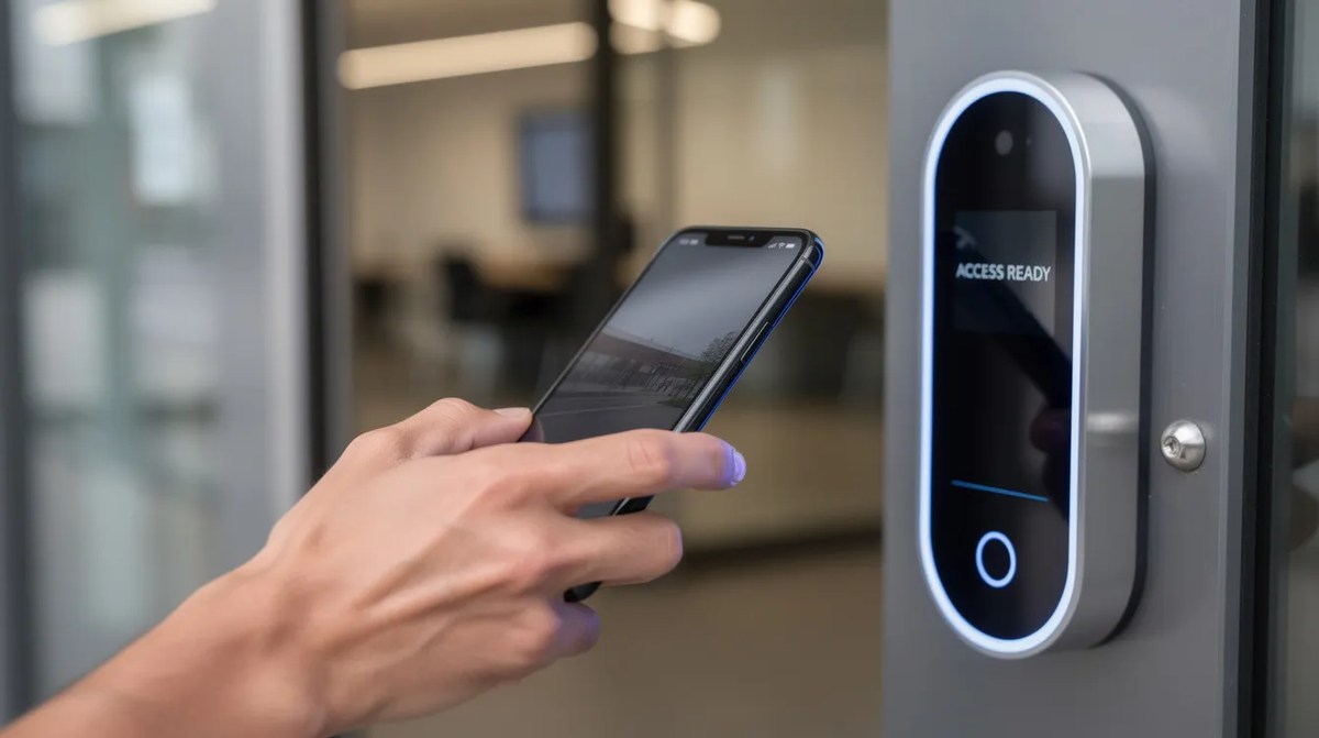 A person holding a smartphone near an electronic door reader, designed for touchless entry, which is part of modern door access control systems. This technology enhances security by allowing users to gain access without physical contact, making it suitable for offices and other secure environments.