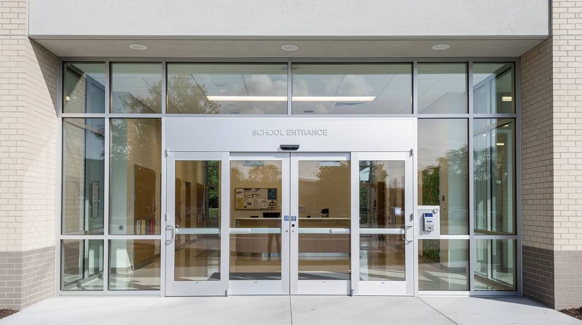 A school entrance with clear laminated glass doors and secure side panels, designed to provide maximum protection while allowing natural light to illuminate the area. The use of security door glazing ensures compliance with safety standards, making it suitable for high-risk environments like schools.