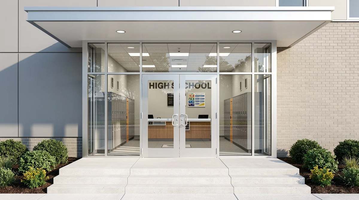 A modern school entrance with clear reinforced glass doors designed for maximum protection against security threats.