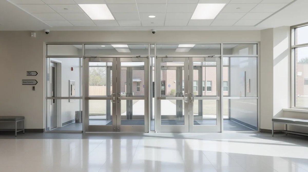 A modern school vestibule featuring two sets of sleek glass and metal doors, designed to enhance school security and safety. 