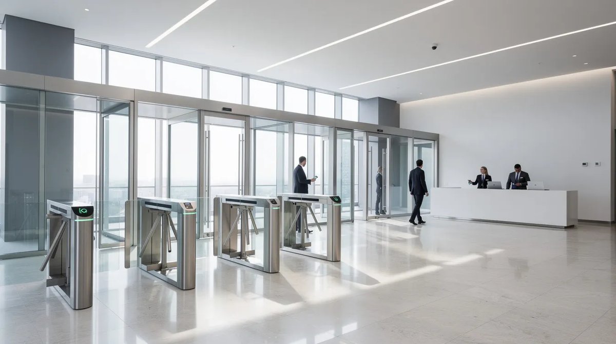 A secure building lobby with turnstiles and glass security doors for enhanced safety and controlled access in a populated area.