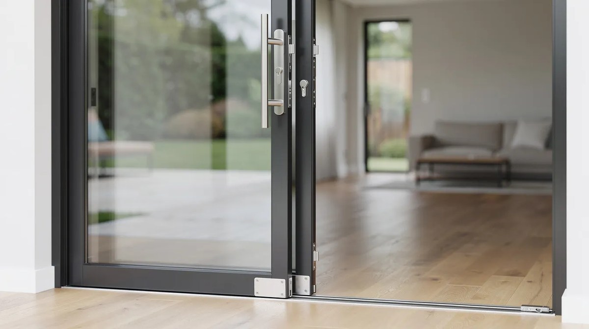 A secure residential sliding glass door equipped with clean, modern hardware, designed to enhance door security. The door allows natural light to enter while providing safety and visibility, showcasing an effective solution for protecting homes against intruders.