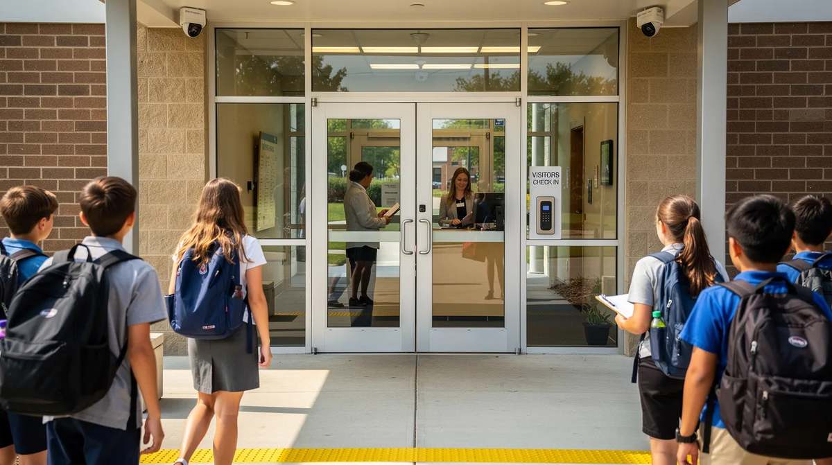 A school entrance with secured exterior doors and staff members actively monitoring the arrival area. 