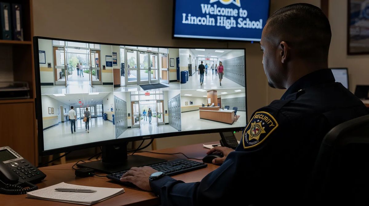 A security officer monitoring school camera feeds on a computer screen. This type of security bolsters entry door security for schools.