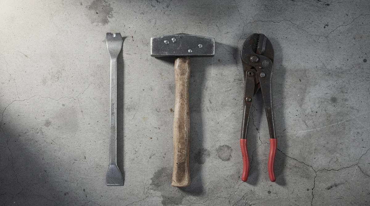 An array of security testing tools, including a sledgehammer, pry bar, and bolt cutters, neatly arranged on a concrete surface. These tools can be used to assess the forced entry resistance of security doors.