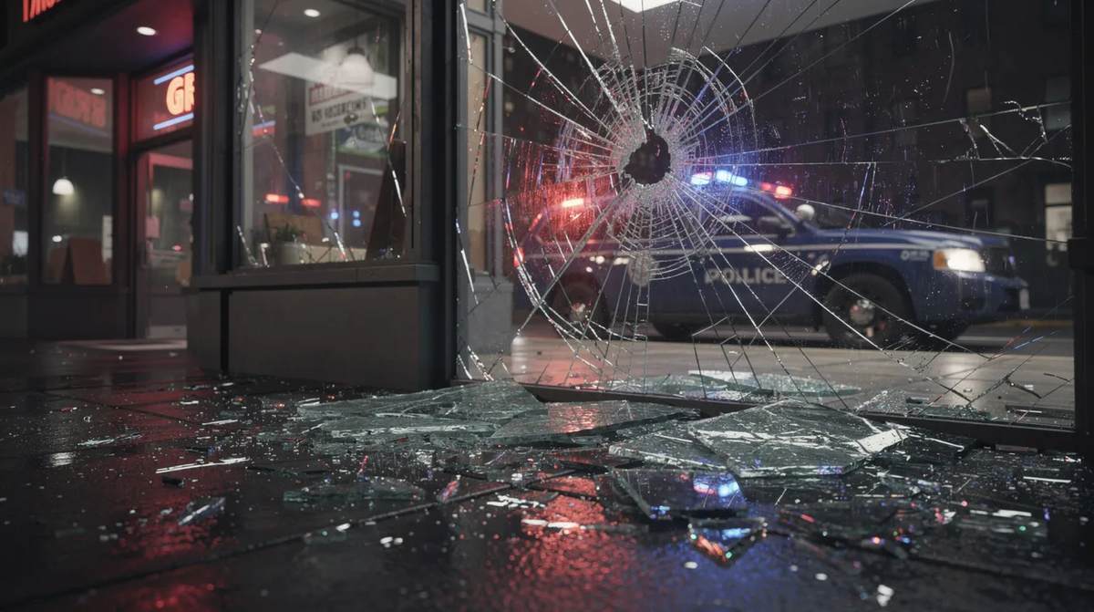 A shattered glass storefront window on an urban street at night, with a police car parked nearby, expressing the need for riot protection for storefronts