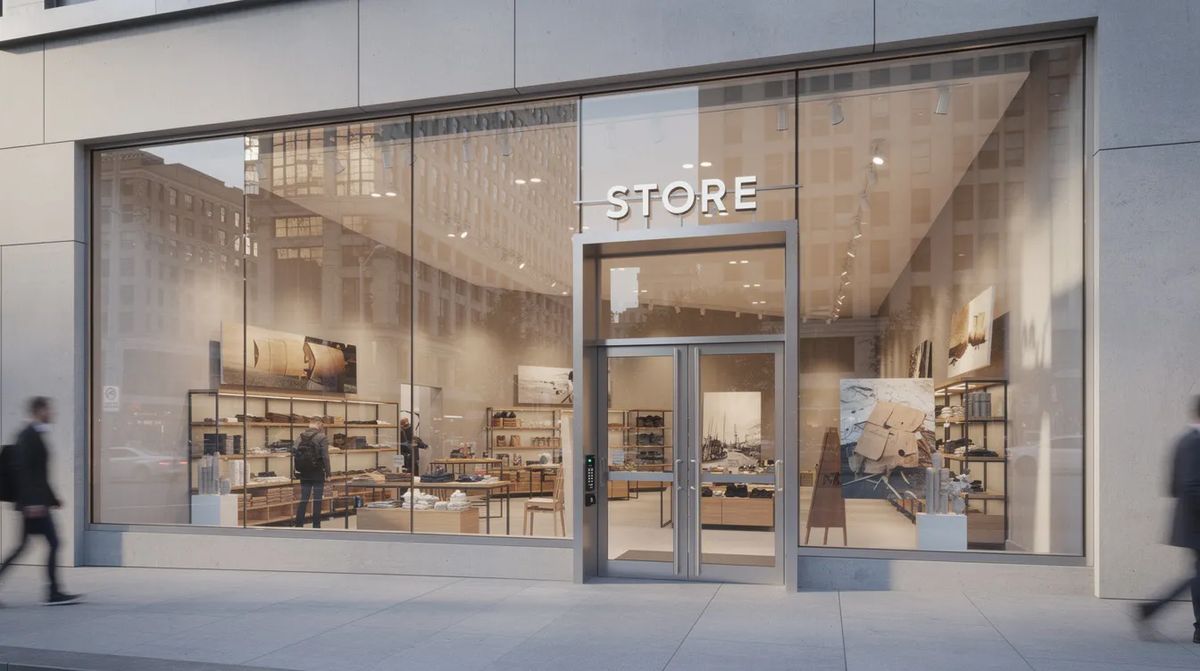 A modern storefront with large windows and a secure entry door, designed to deter break-in attempts and looting with its use of riot protective glass.