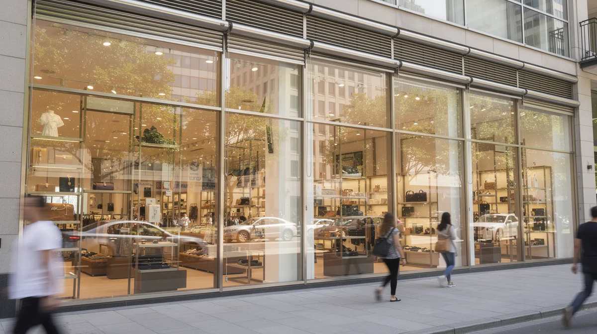 Clear storefront windows made of durable security glass on a bustling city street, designed to provide maximum riot window protection.