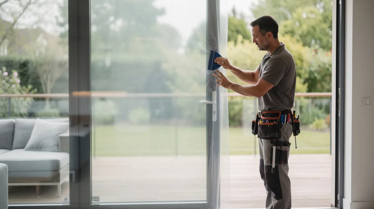 A technician applying clear security film to a sliding glass door, enhancing resistance to break-ins while maintaining visibility and natural light. This is one of many glass door security solutions available to homeowners.